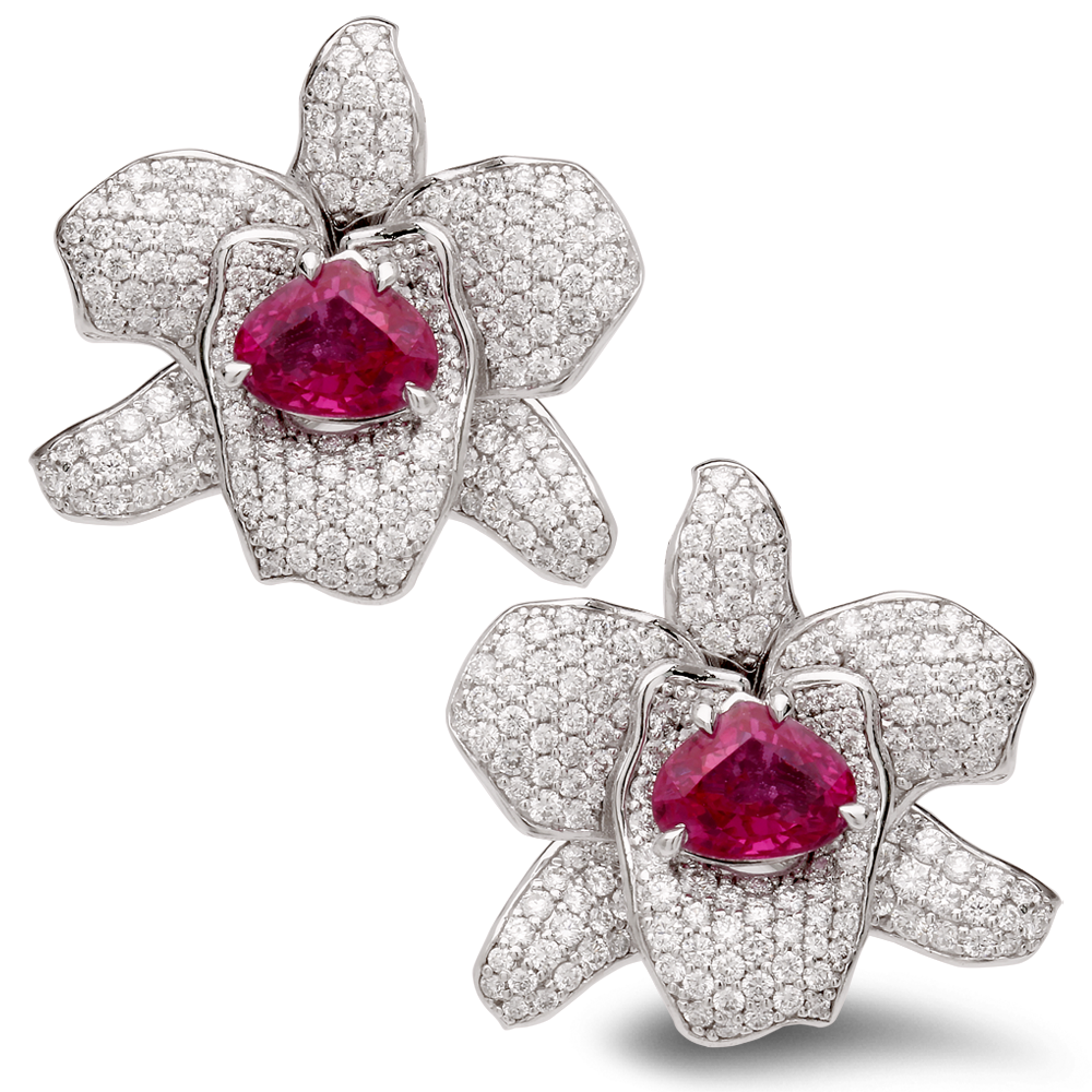 Diamond and Pink Sapphire Flower Earrings- SKU#: 32020