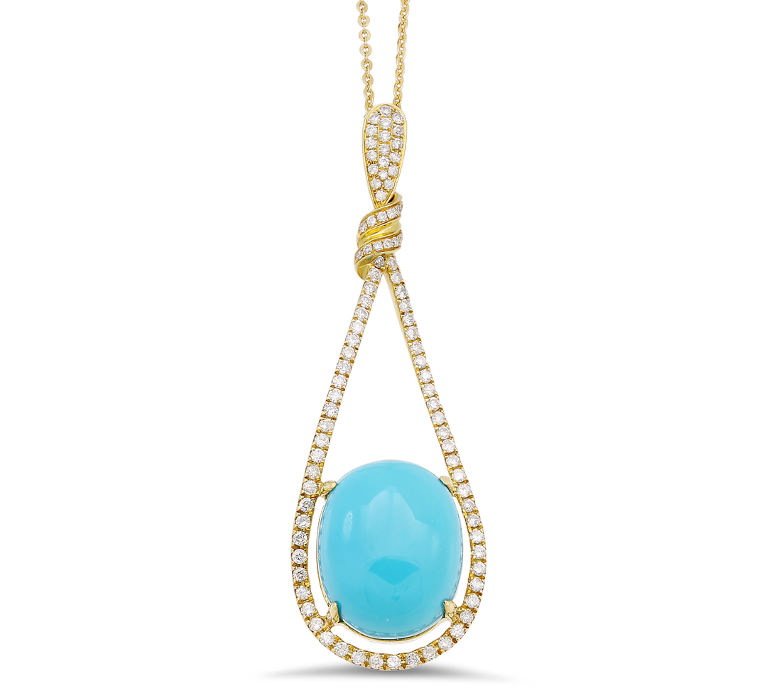 Exquisite 18K white gold pendant featuring a vibrant 10.90 carat turquoise and sparkling 0.62 carat diamonds. Instantly elevate your style with this timeless treasure.