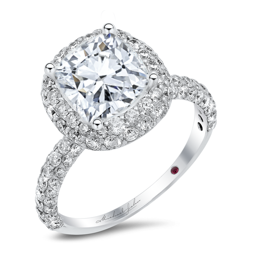 Pave style diamond halo engagement ring with a total of 2.00 carat round cut diamonds set on an 18K white gold setting
