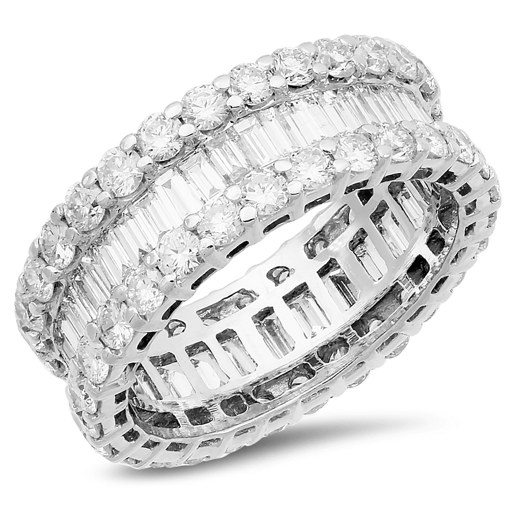 Round and baguette diamond multi-row eternity band in 18K gold