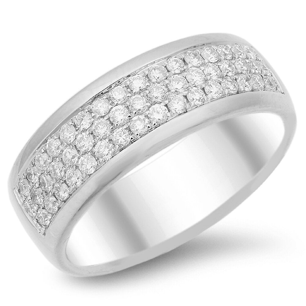 18K gold diamond band with three-rows of round cut diamonds