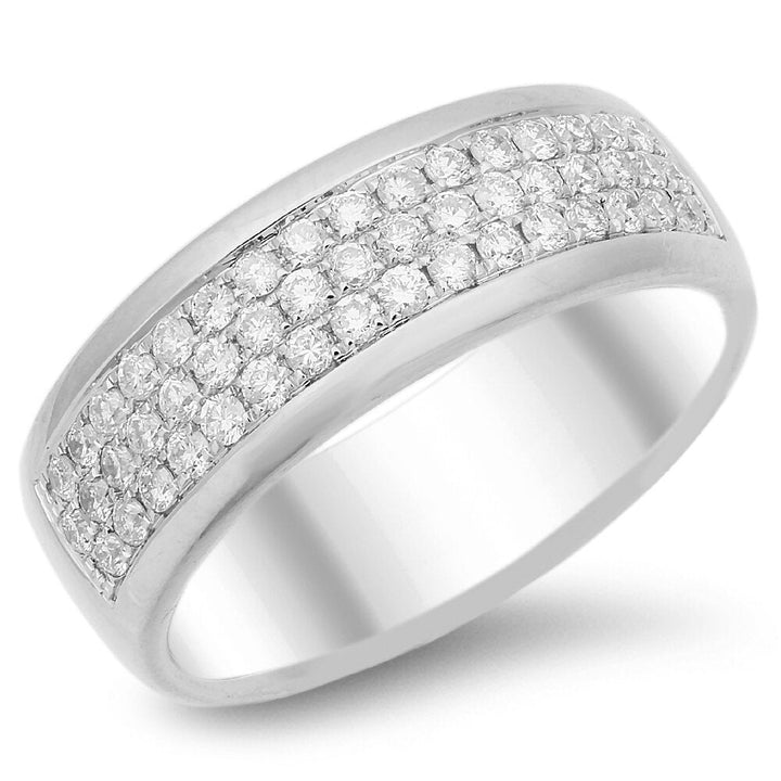 18K gold diamond band with three-rows of round cut diamonds