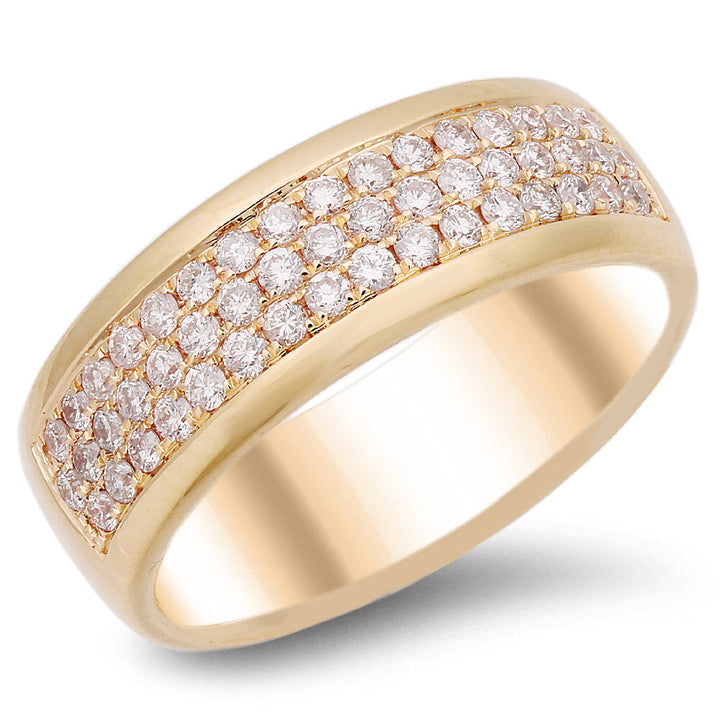 18K gold diamond band with three-rows of round cut diamonds