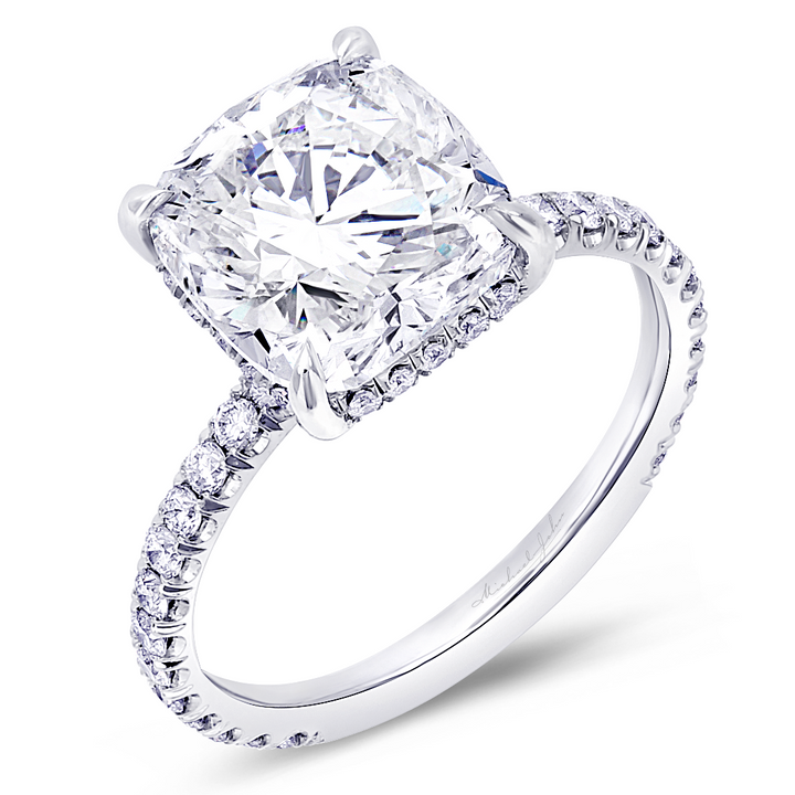 Unique pave style diamond engagement ring handcrafted in 18K white gold with a total of 1.20 carat round brilliant cut diamonds