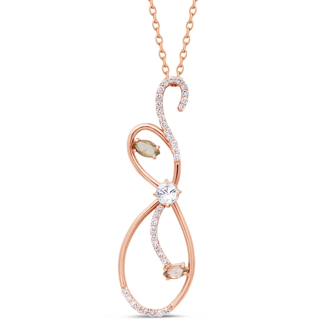 Rose gold infinity pendant necklace with diamonds on a white background