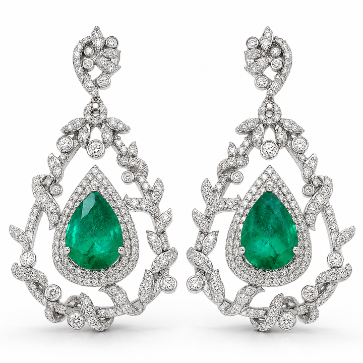 Dazzling 18K white gold earrings with scintillating diamonds and captivating emeralds