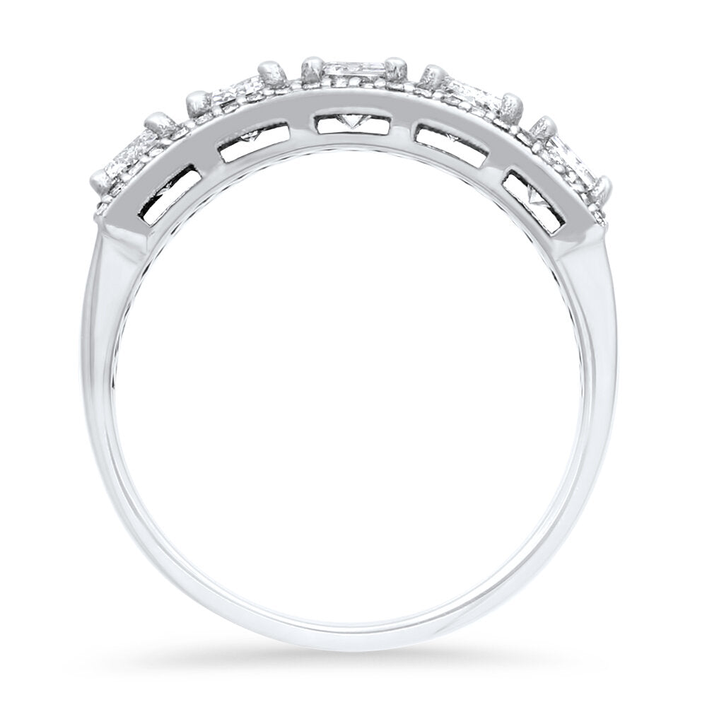 18K white gold emerald and round cut diamond wedding band