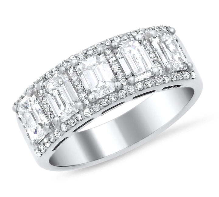 18K white gold emerald and round cut diamond wedding band