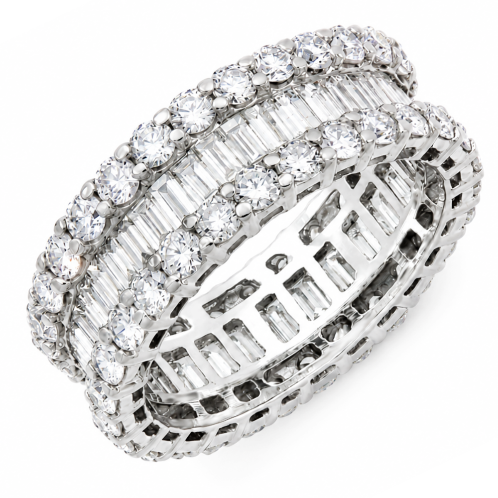 Round and baguette diamond multi-row eternity band in 18K gold