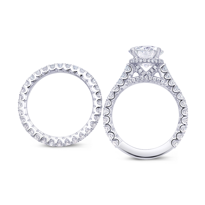 Hidden halo diamond engagement ring with matching diamond band, with a total of 1.70 carat round cut diamonds set on an 18K engagement rings