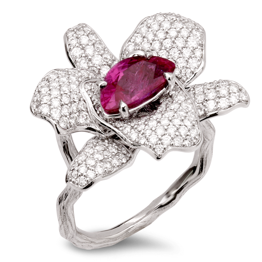 Diamond and Pink Sapphire Flower Ring - SKU#: 32019