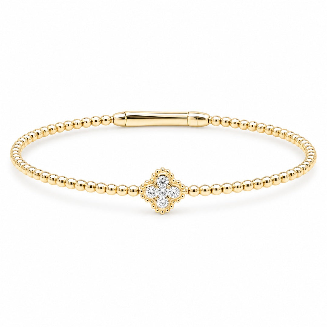 14K Yellow Gold Diamond Clover Beaded Bangle