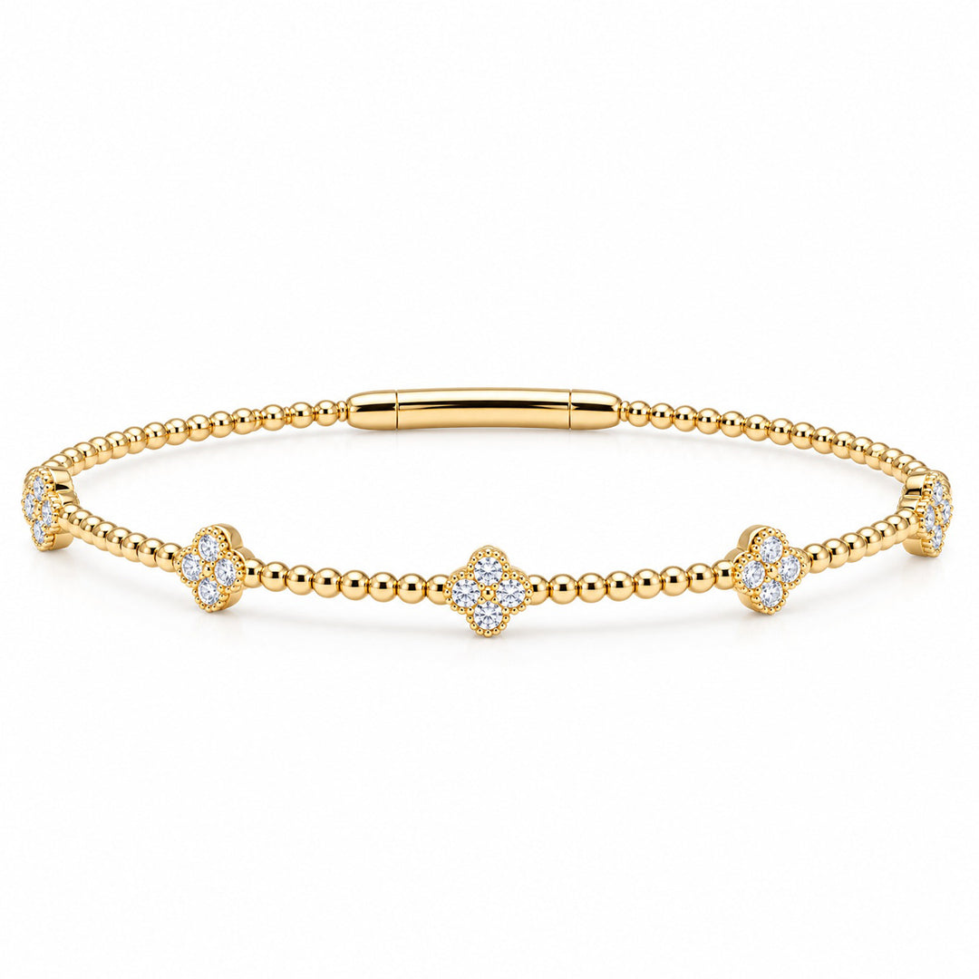 14K Yellow Gold Diamond Clover Station Bangle
