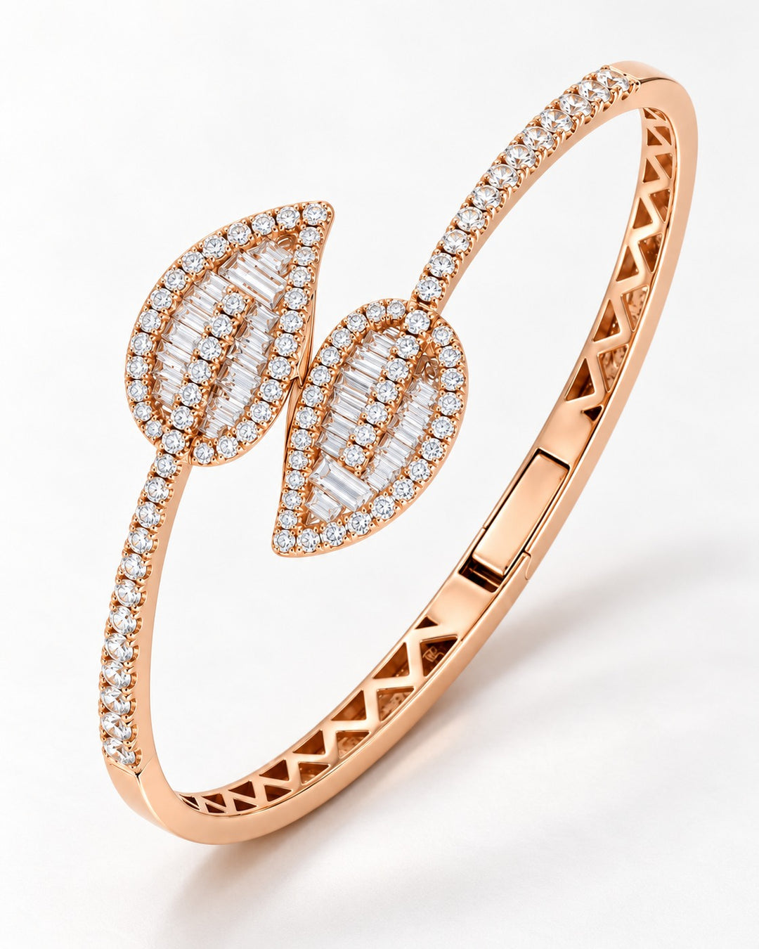 18K Gold Diamond Leaf Bangle Bracelet Featuring Round Brilliant & Baguette Diamonds