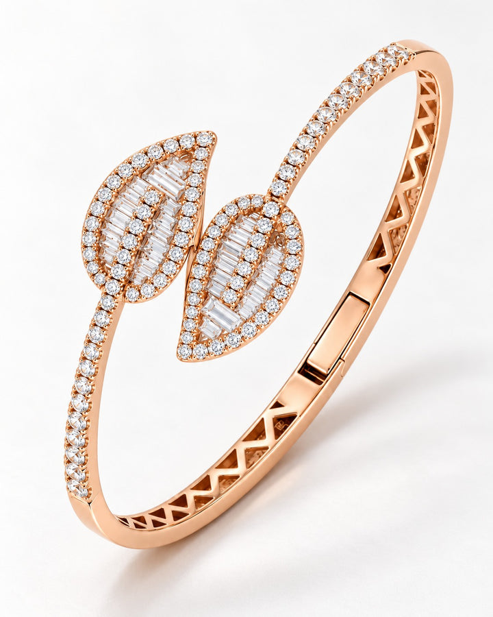 18K Gold Diamond Leaf Bangle Bracelet Featuring Round Brilliant & Baguette Diamonds
