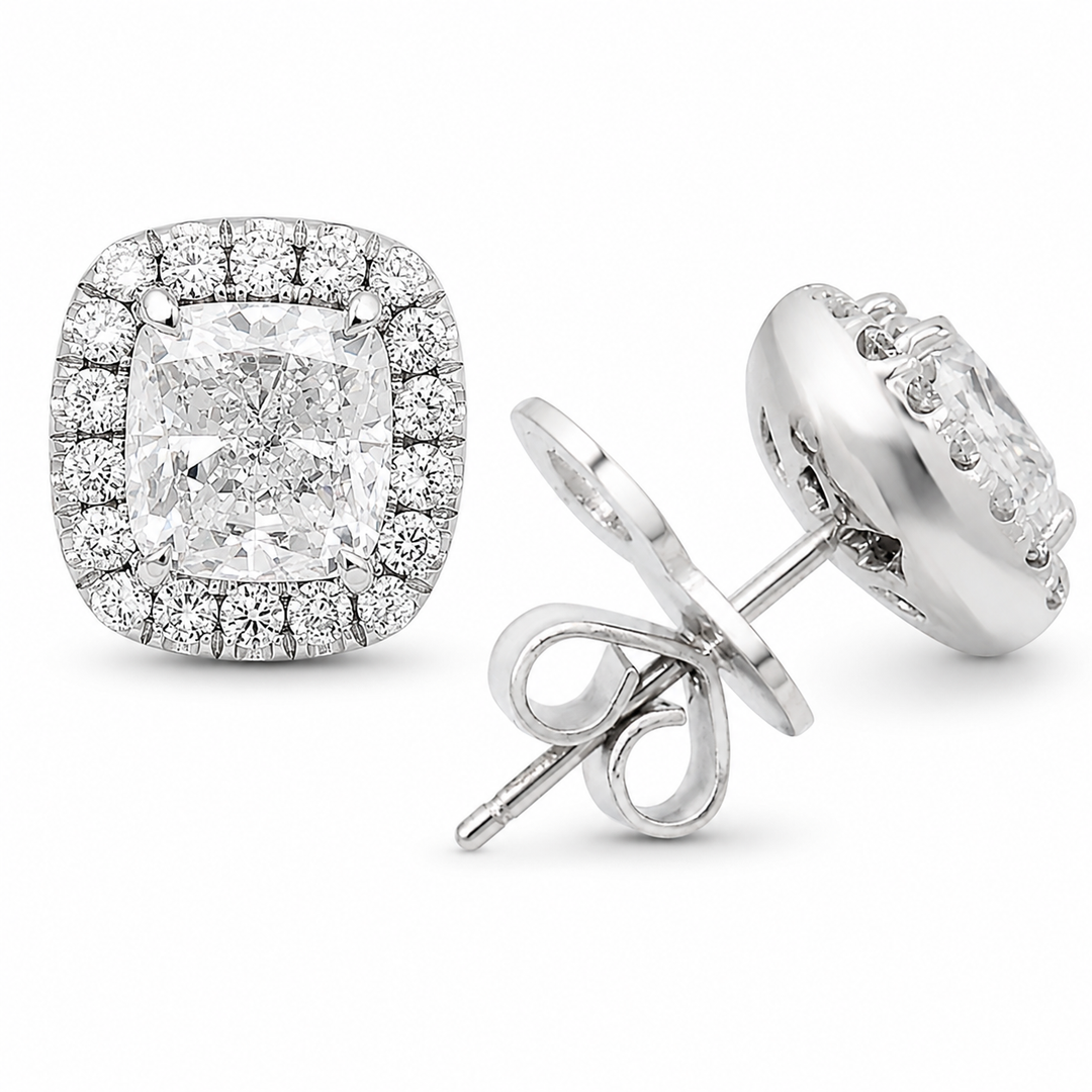 Luxury 18K White Gold Cushion Cut Diamond Stud Earrings