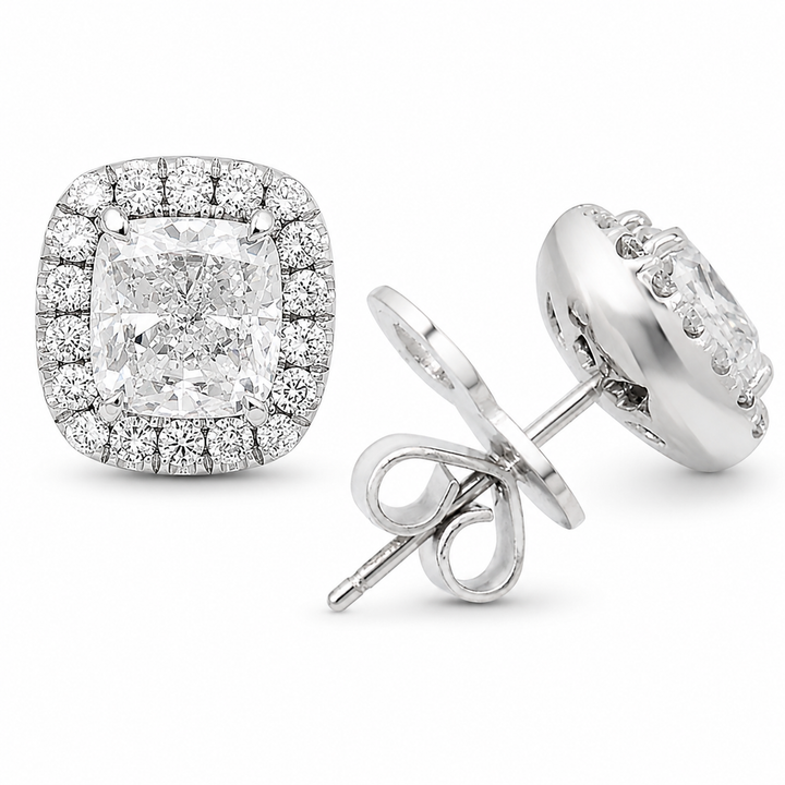 Luxury 18K White Gold Cushion Cut Diamond Stud Earrings