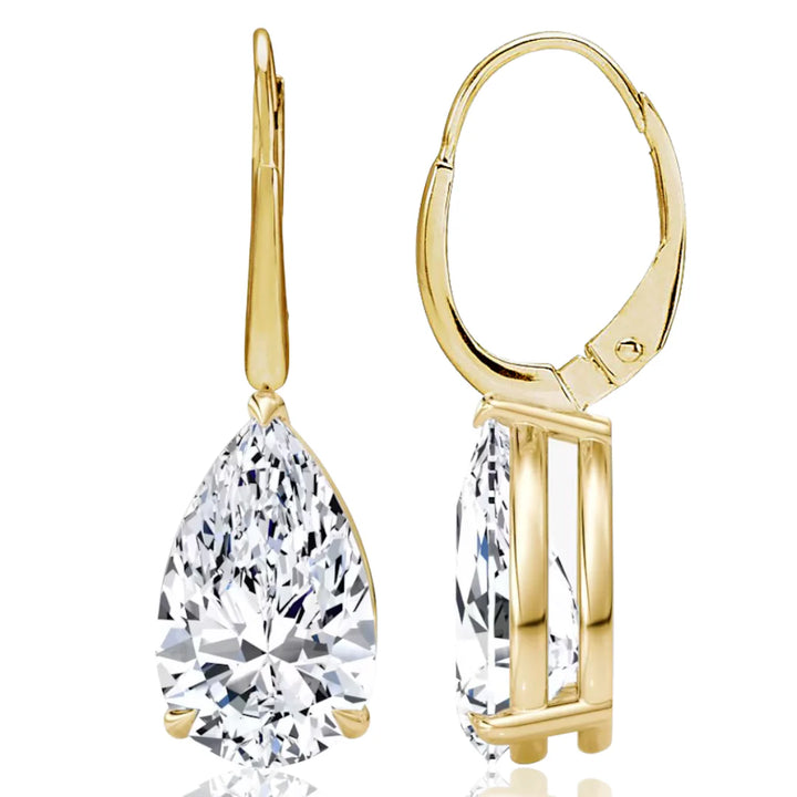 14K yellow gold earrings with pear shape lab-grown diamonds.