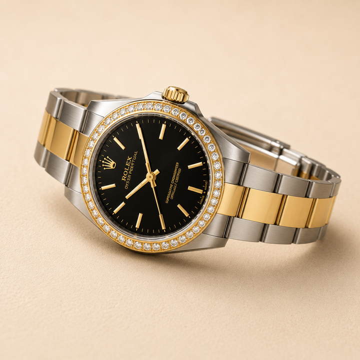 Rolex Oyster Perpetual Steel & Yellow Gold Black Dial Diamond Bezel Watch