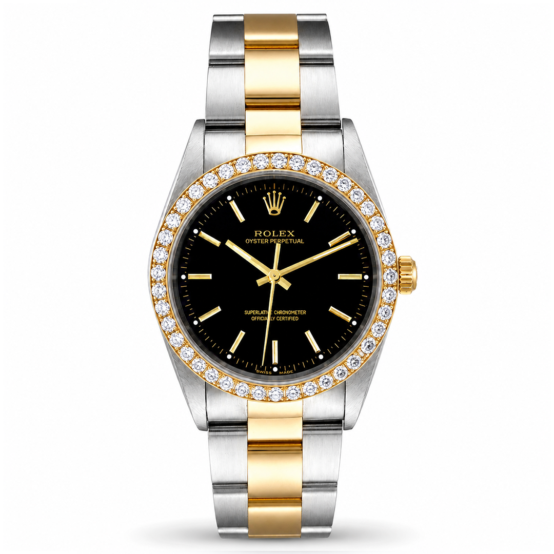 Rolex Oyster Perpetual Steel & Yellow Gold Black Dial Diamond Bezel Watch