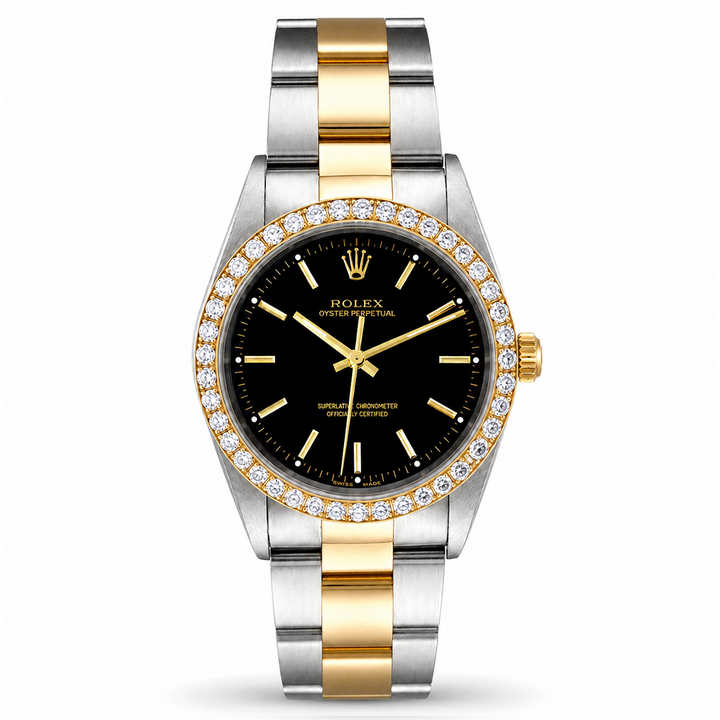 Rolex Oyster Perpetual Steel & Yellow Gold Black Dial Diamond Bezel Watch