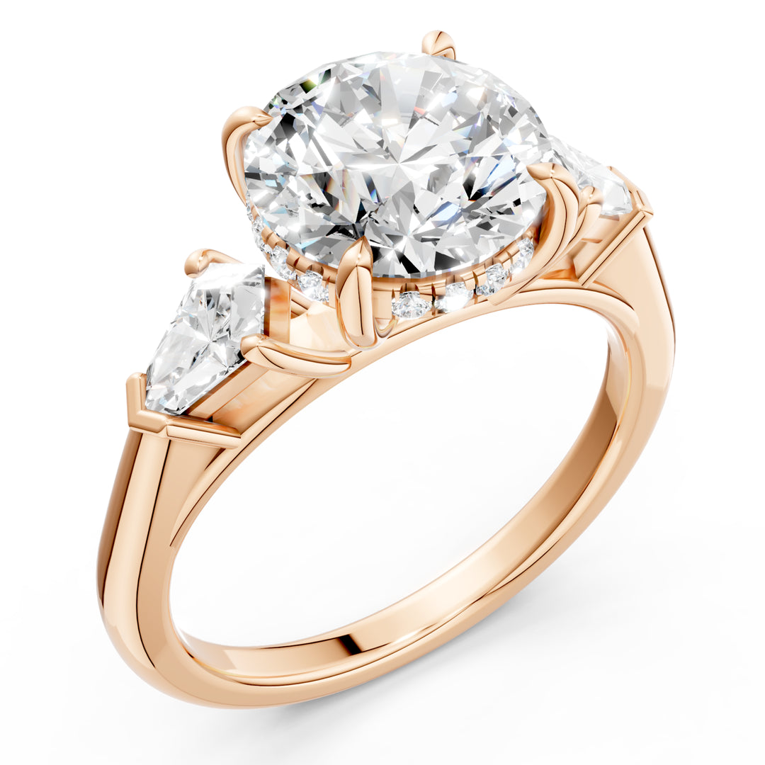 Kite Diamond Three-Stone Engagement Ring with Hidden Halo Accents