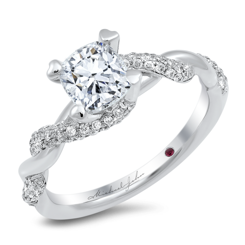 Diamond engagement ring with a total of 0.35 carat round cut diamonds on an 18K white gold setting with a twisting shank