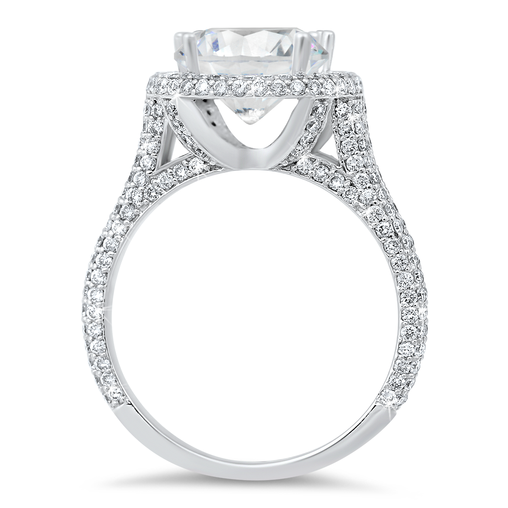 Pave diamond halo engagement ring with a total of 1.10 carat round cut diamonds on an 18K white gold setting