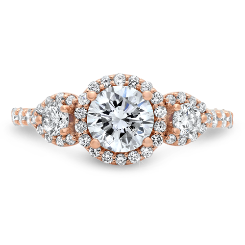 Diamond halo three-stone engagement ring with a total of 0.70 carat round cut diamonds on the halo and the 18K rose gold setting and also with 0.20 carat total side diamonds