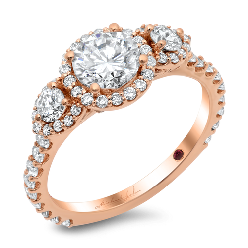 Diamond halo three-stone engagement ring with a total of 0.70 carat round cut diamonds on the halo and the 18K rose gold setting and also with 0.20 carat total side diamonds
