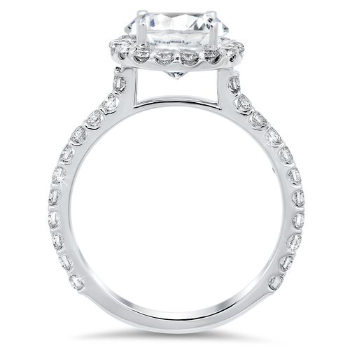 Diamond halo engagement ring with total of 0.60 carat round cut diamonds set in an 18K white gold setting