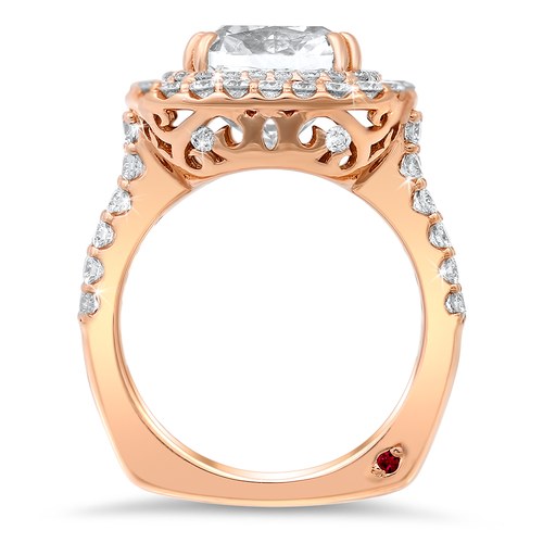 Double halo diamond engagement ring with a total of 1.10 carat round cut diamonds set into an 18K rose gold setting
